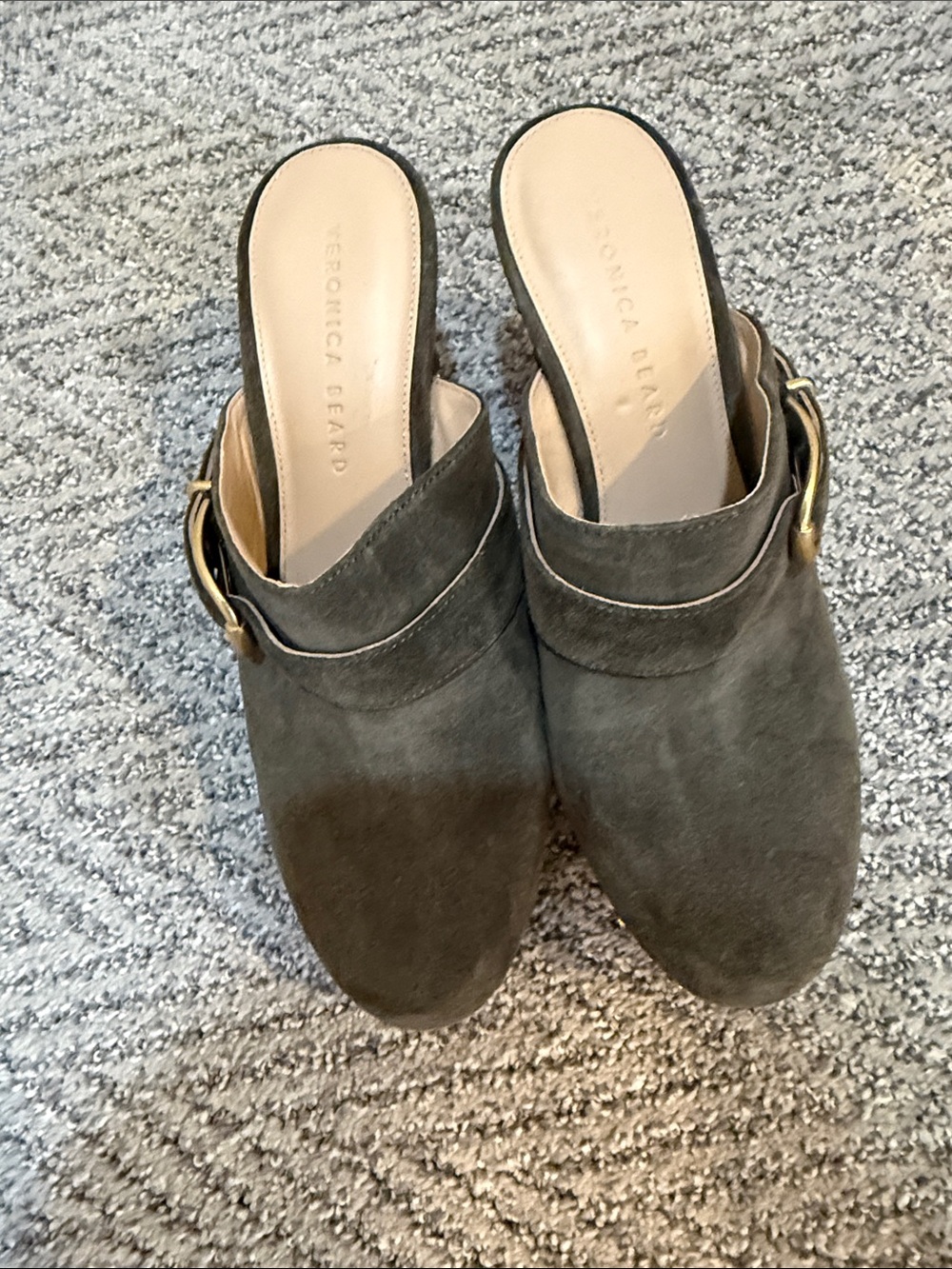 Veronica Beard Olive Suede Slip-On Mule with Gold Buckle